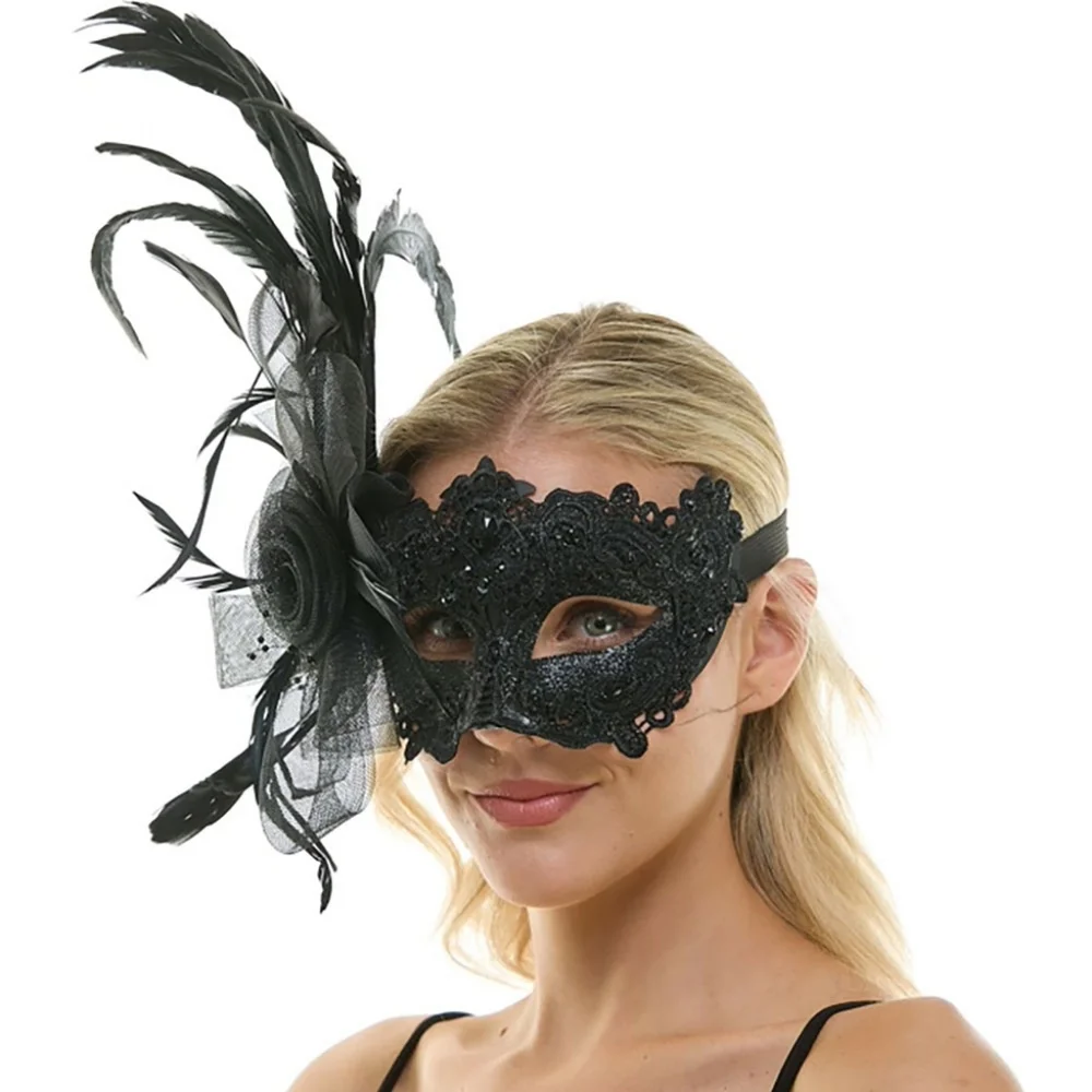 Black Elegant Flower Feather Lace Half Face Mask Masquerade Headpiece EyeMask